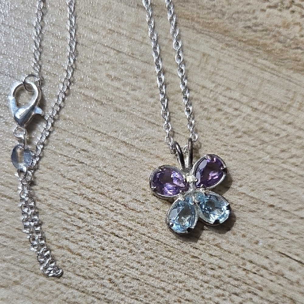 925 Silver Butterfly Pendant W Lab Grown Purple And Blue Topaz Necklace💫